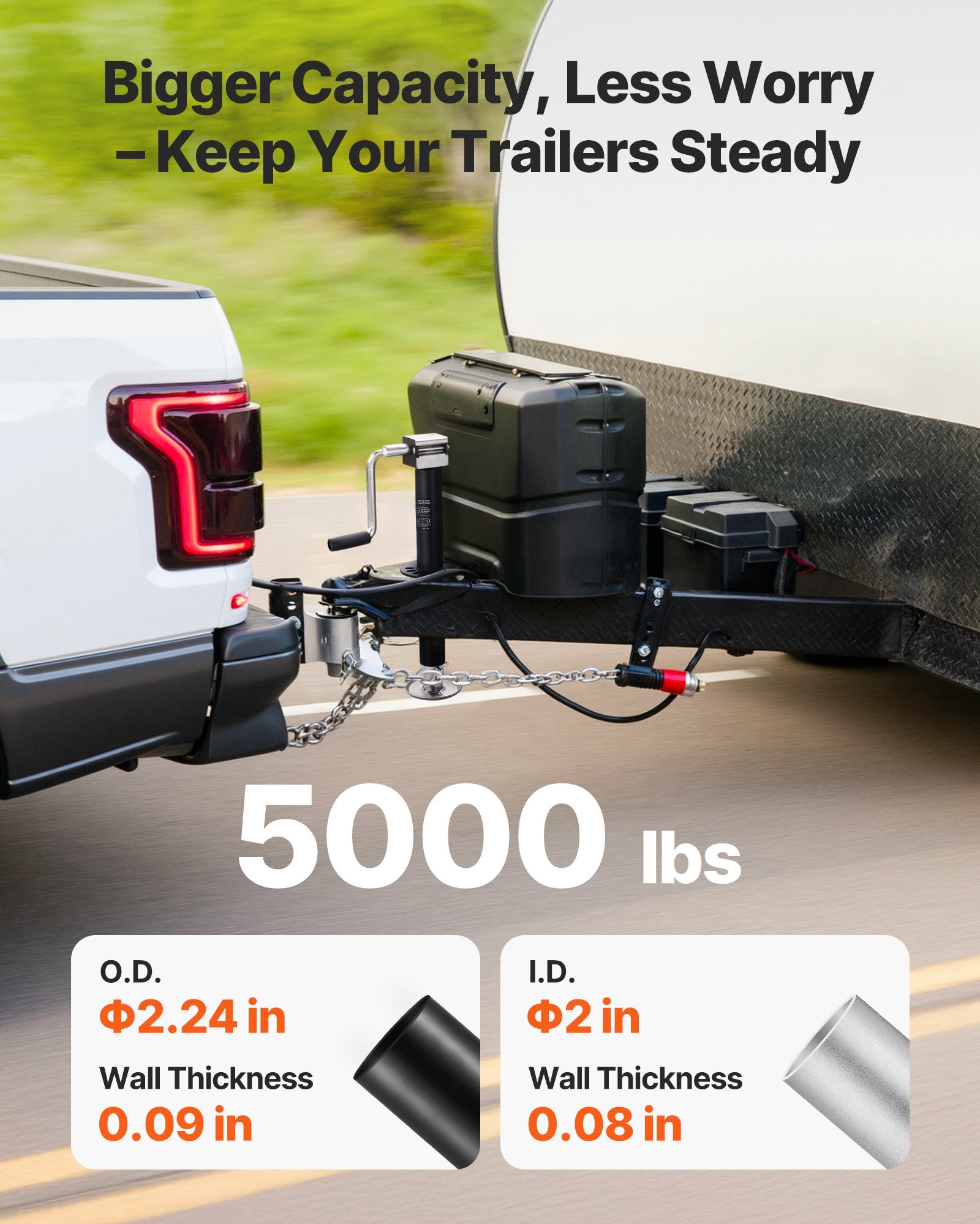 5000 Lbs A-Frame Trailer Jack, 15-Inch Vertical Travel, Trailer Lift Jack With Adjustable 7-Level Drop Leg & Drill Socket, Cordless Drill Compatible, Suitable For RV, Utility, Yacht Trailers - Image 2