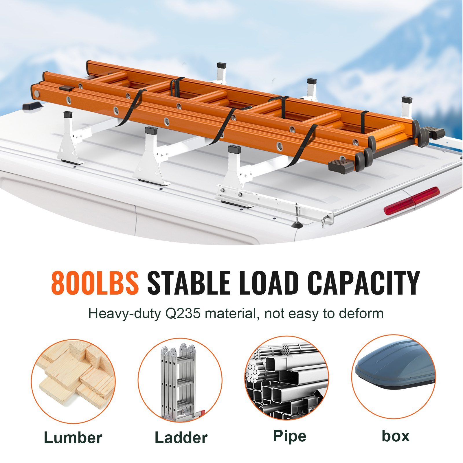 Trailer Ladder Rack, 54" 3 Crossbars Ladder Roof Rack, Heavy-duty Steel Van Roof Rack, 800 Lbs Capacity Van Ladder Rack With Cargo Roller And Straps, Fit For Ford Transit 150 250 350, 2015-2022 - Image 4