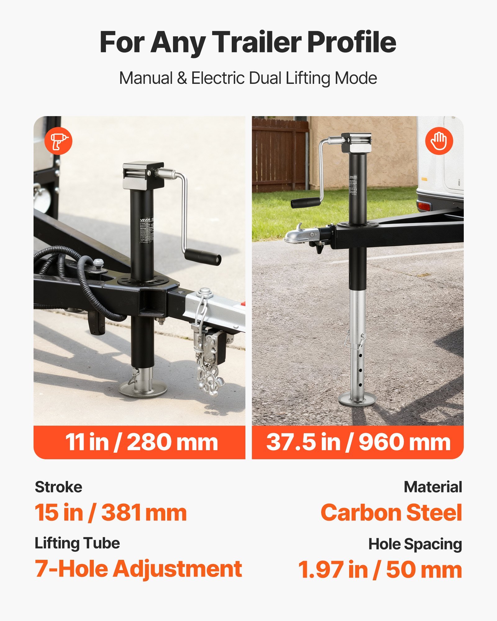 5000 Lbs A-Frame Trailer Jack, 15-Inch Vertical Travel, Trailer Lift Jack With Adjustable 7-Level Drop Leg & Drill Socket, Cordless Drill Compatible, Suitable For RV, Utility, Yacht Trailers - Image 3