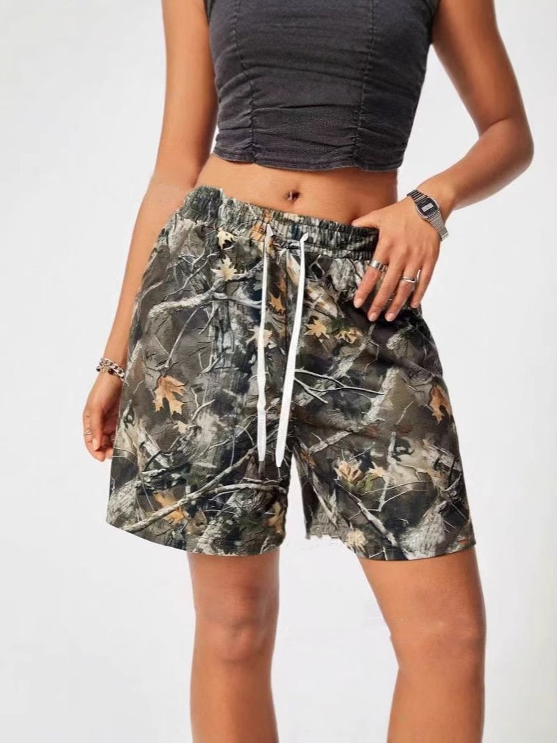 Women's Loose Casual Drawstring Branch Camouflage Printing Shorts - Image 6