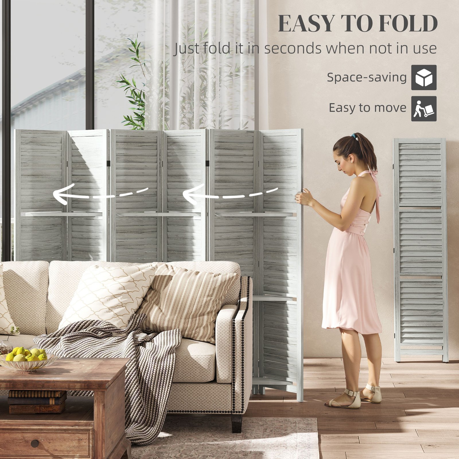 6 Panel 67" Tall Wood Privacy Screen Room Divider With 3 Shelves And Folding Storage For Bedroom, White - Image 3