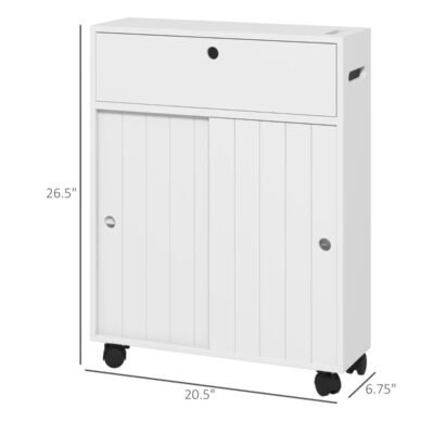 Kleankin Toilet Paper Cabinet, Slim Bathroom Cabinet With 4 Rolling Wheels, Small Bathroom Storage Cabinet With Paper Holes, Sliding Doors And Adjustable Shelf For Small Space, White