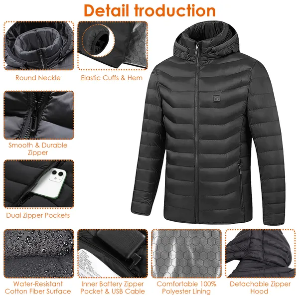 Heated Jacket Electric Heating Coat Lightweight Winter Hooded Jacket With 3-Level Heating Modes 8 Heating Zones Detachable Zipper Hood - Image 5