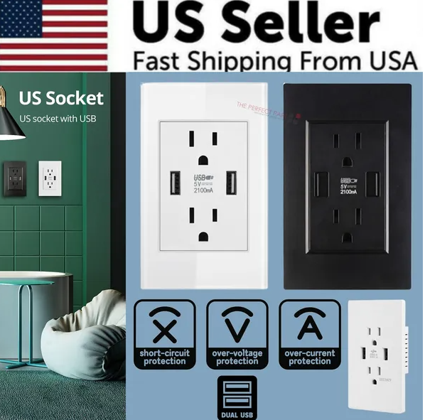 Dual USB Wall Outlet Port 15A Power Socket Charger AC Receptacle Plate Panel 110 - Image 5