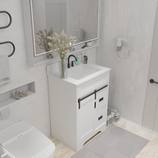 24 Bathroom Vanity With Single Sink Combo, Farmhouse Undermount Bathroom Sink Cabinet With Sliding Barn Doors And 2 Drawers, Freestanding Bathroom Vanities,White - Image 6