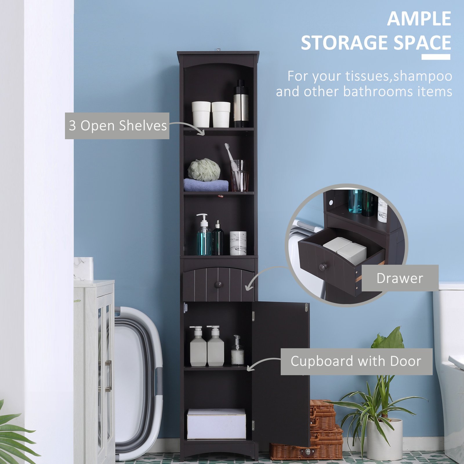 Bathroom Storage Cabinet, Free Standing Bathroom Storage Unit, Tall Linen Tower With 3-Tier Shelves And Drawer, Brown - Image 3