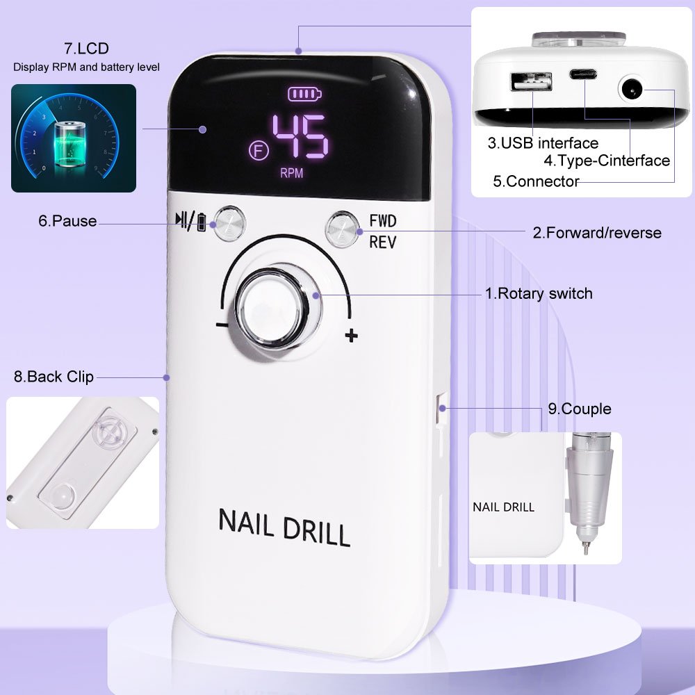Electric Nail Drill Professional 45000RPM - Rechargeable Nail Drill Kit Portable Electric Nail File With Complete Bits For Acrylic Nails Gel Polishing Removing - Image 8