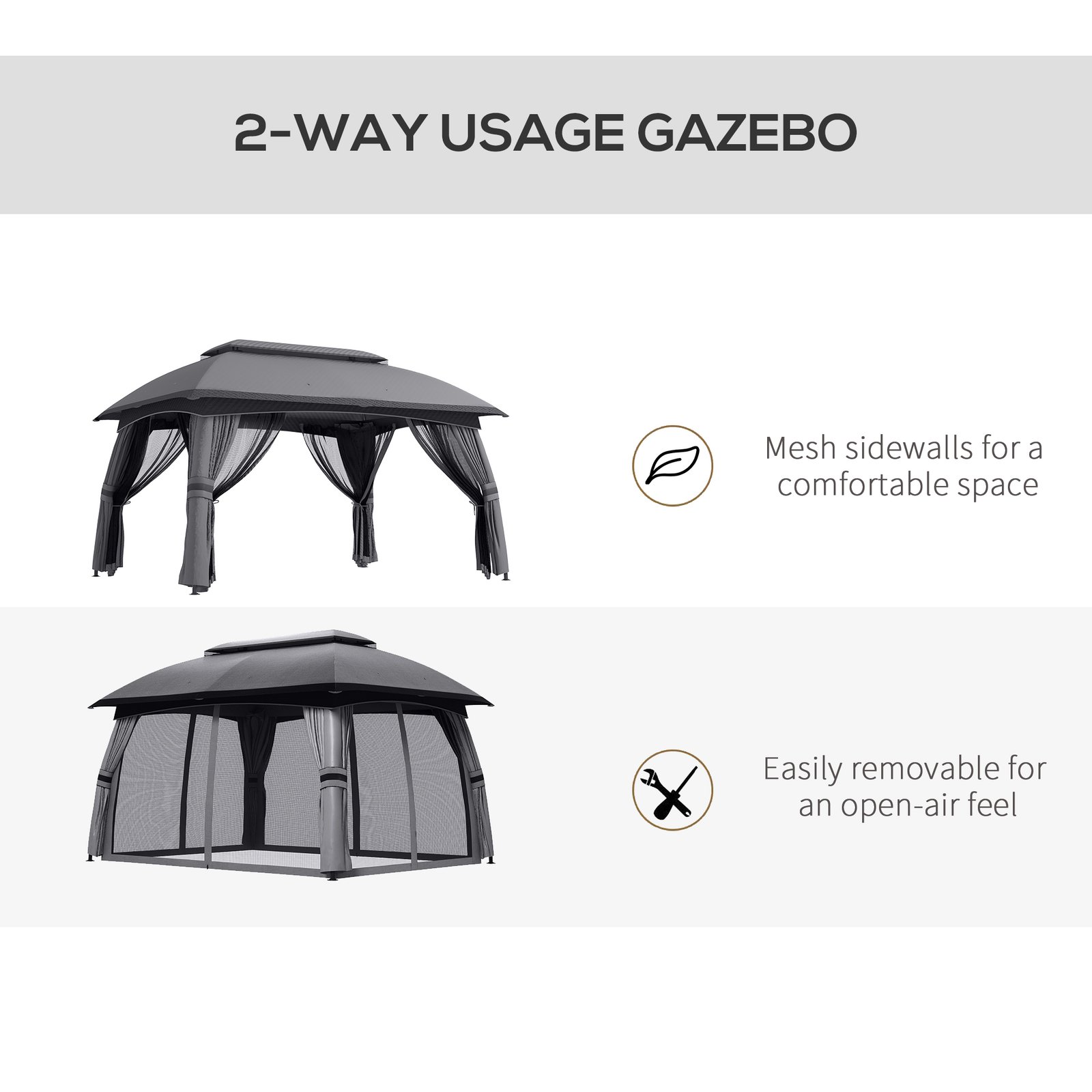 10' x 13' Patio Gazebo, Outdoor Gazebo Canopy Shelter with Netting, Vented Roof for Garden, Dark Gray - Image 3