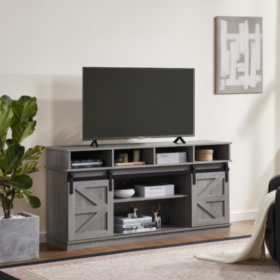 TV Stand Sliding Barn Door Modern&Farmhouse Wood Entertainment Center, Storage Cabinet Table Living Room With Adjustable Shelves For TVs Up To 65,Grey