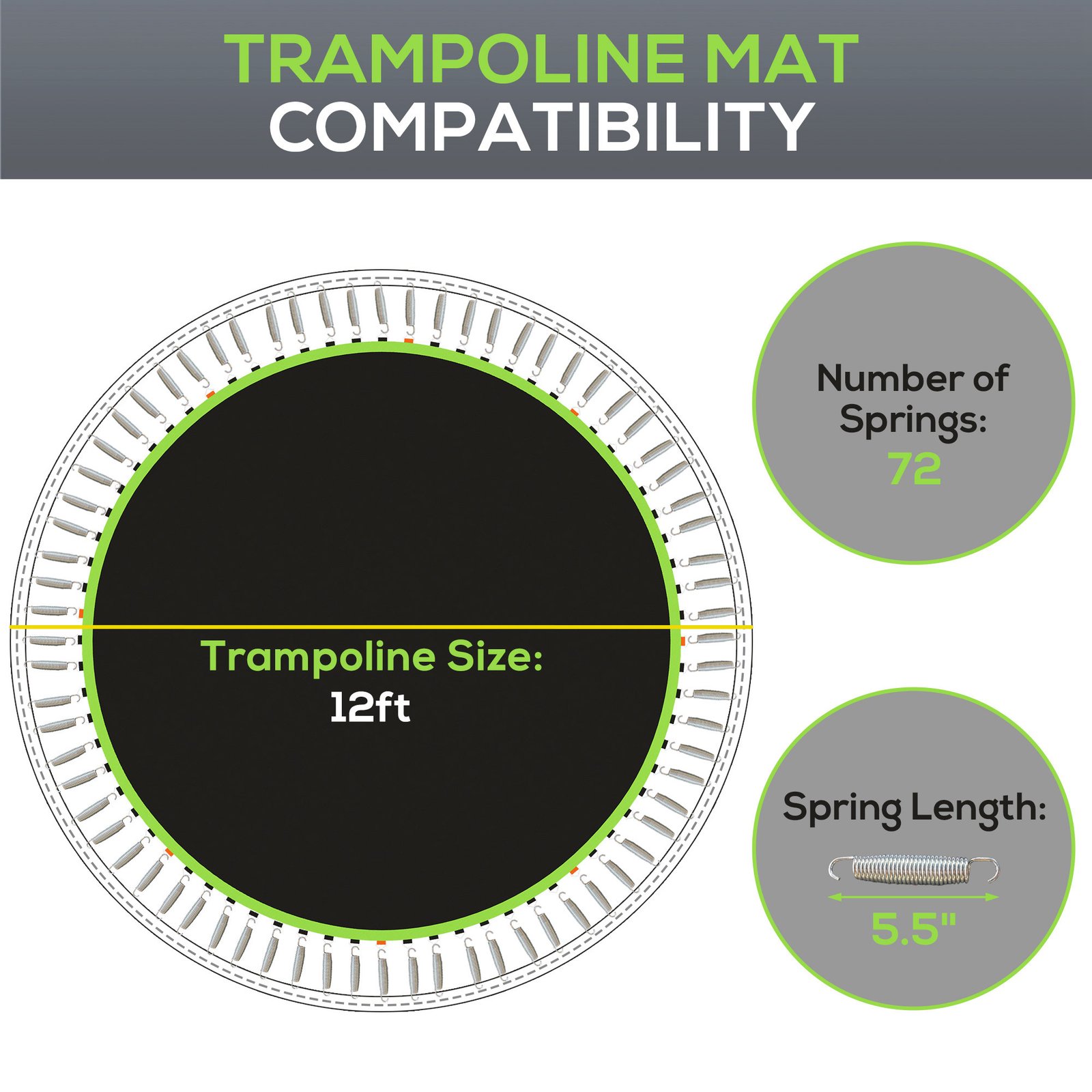 Trampoline Replacement Mat, Fits 12' Trampoline W/ 72 V-Hooks & 5.5" Springs (Spring & Frame Not Included), Green - Image 3