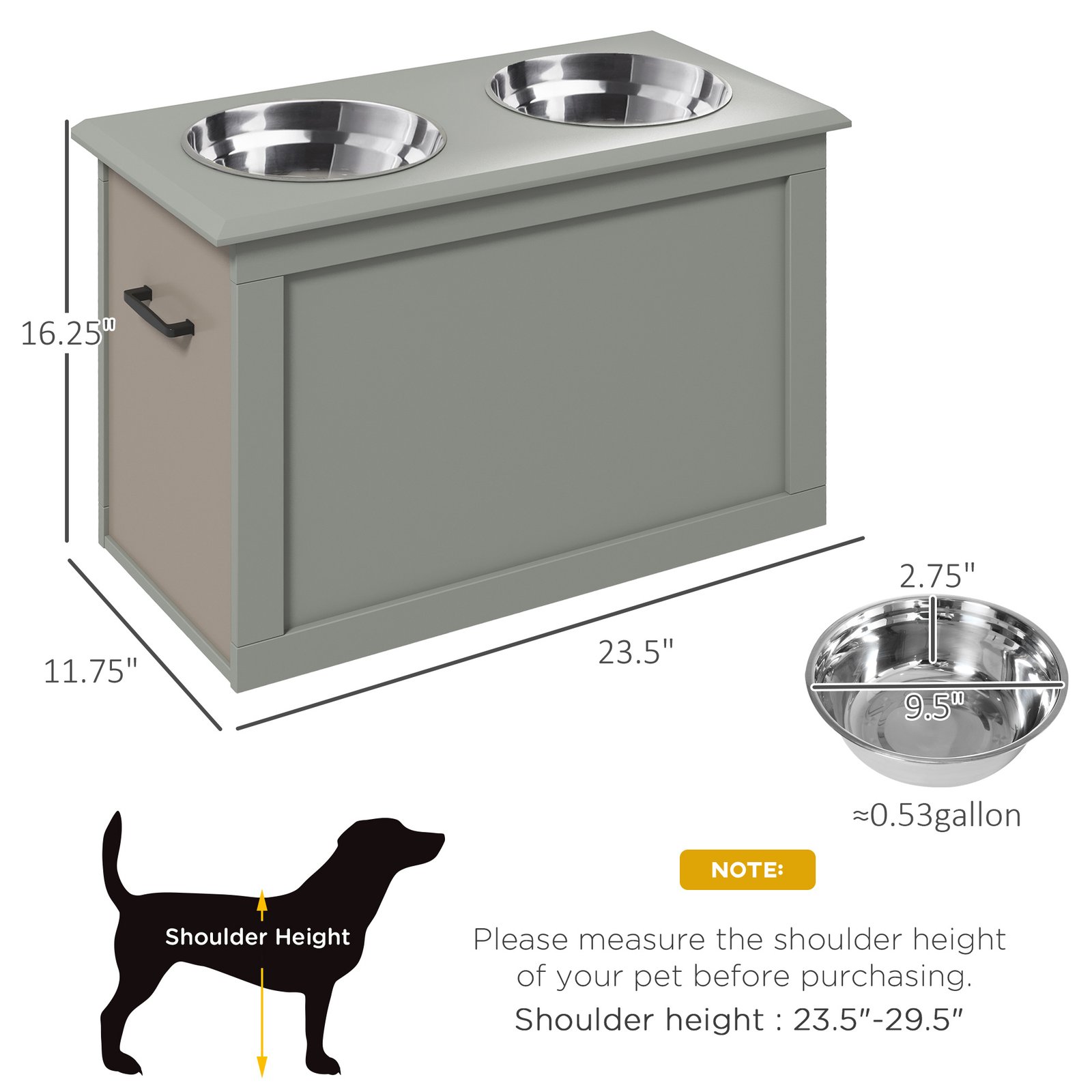 Raised Pet Feeding Storage Station With 2 Stainless Steel Bowls Base For Large Dogs And Other Large Pets, Gray - Image 2