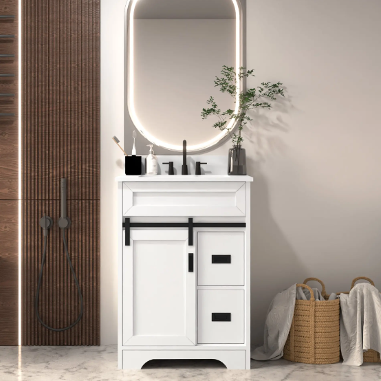 24 Bathroom Vanity With Single Sink Combo, Farmhouse Undermount Bathroom Sink Cabinet With Sliding Barn Doors And 2 Drawers, Freestanding Bathroom Vanities,White