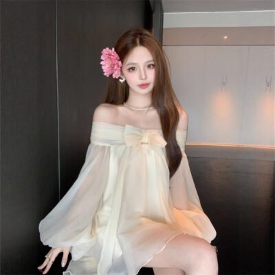 Womens Solid-Color French-Style Bow-Trimed Off-the-Shoulder Chiffon Dress