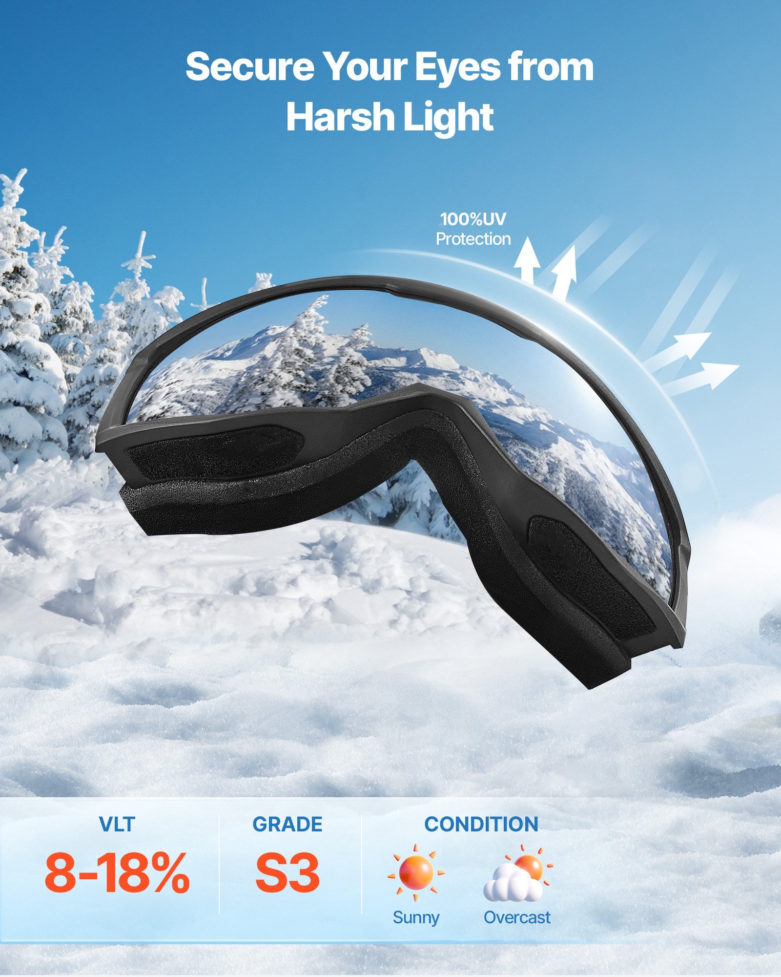 Ski Goggles, Cylindrical Lens With Ice Blue Revo Coating, OTG Anti Fog Snow Goggles For Men Women Youth, TPU Frame & Ventilation Structure, Suitable For Skiing, Skating, Snowboarding, Cycling - Image 3