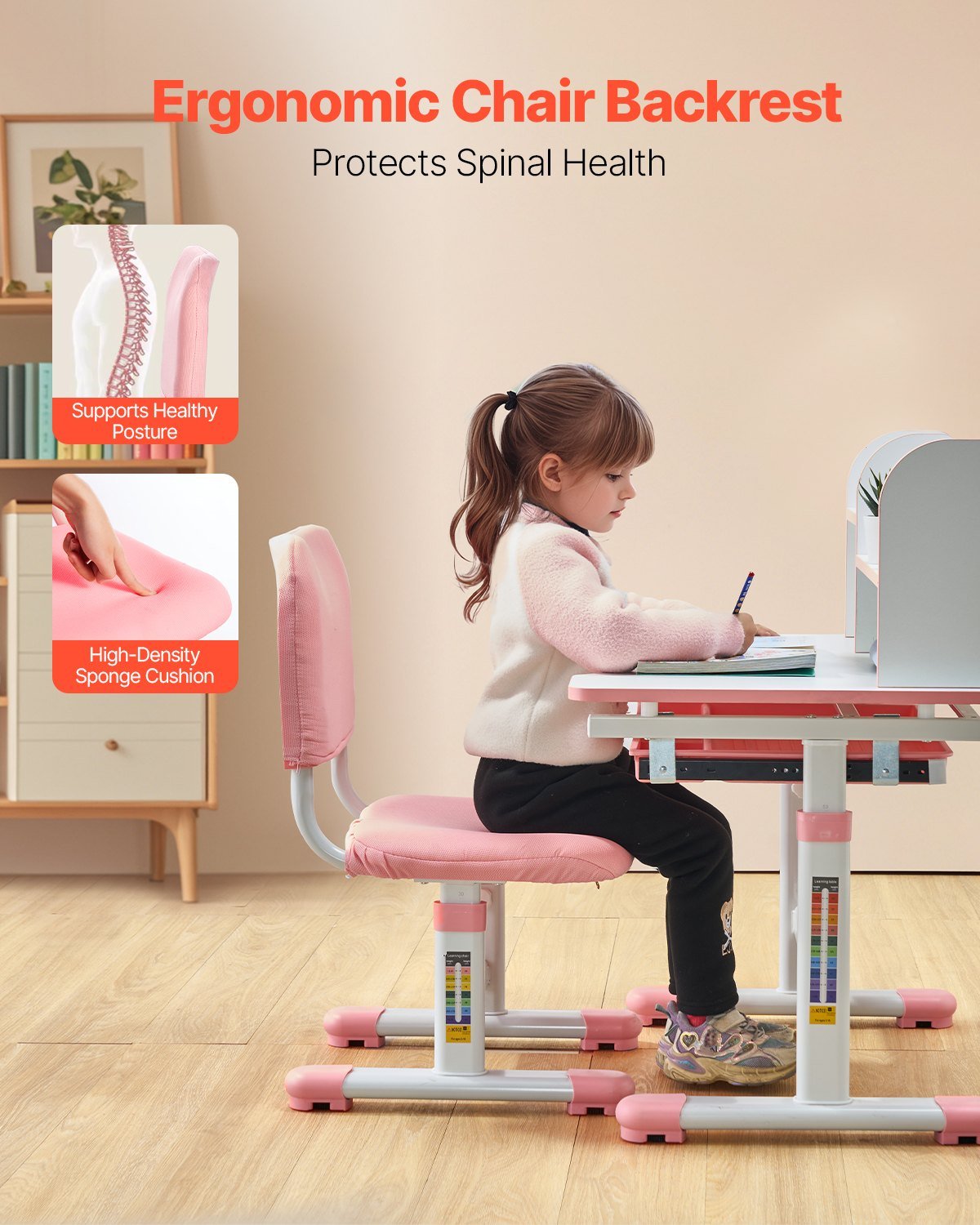 Kids Study Chair And Desk Set, Study Desk And Chair For Kids With Bookshelf And Storage Drawer, Adjustable Height Kids Study Desk With Chair, Children Study Table For Bedroom & Study Room, Pink - Image 4