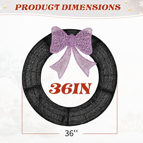 36in Pre-lit Outdoor Christmas Wreath Decoration, Lighted Metal Wreath With Purple Bow, Remote Control LED Lights With Timer, For Front Door Gate Wall Indoor Outdoor Holiday Party - Image 4