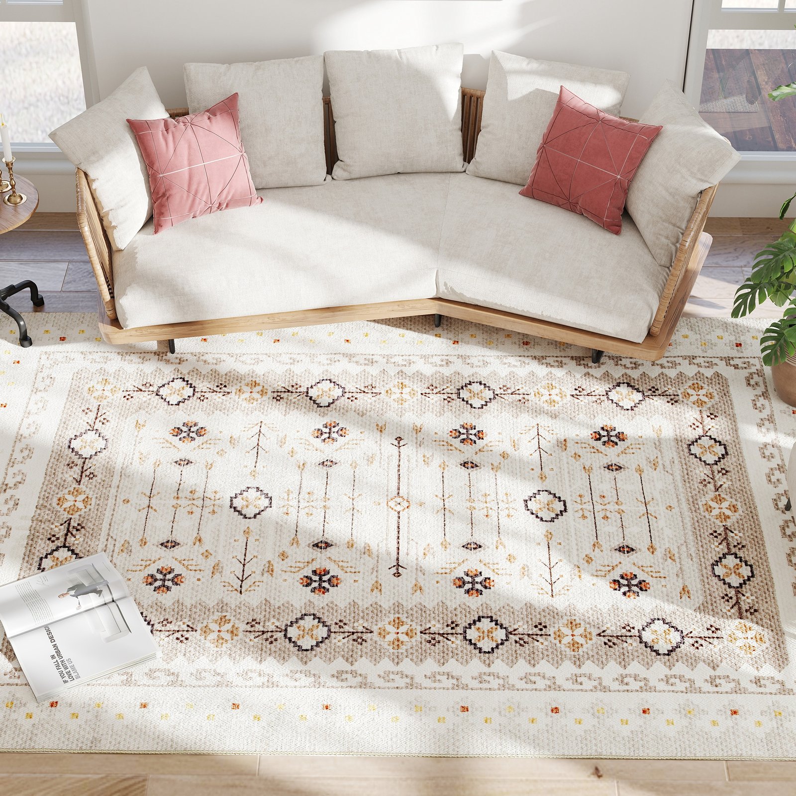 Machine Washable Area Rug 8x10, Non-Slip Boho Flannel Print Floor Carpet For Living Room, Bedroom, Dining Room, Brown - Image 3