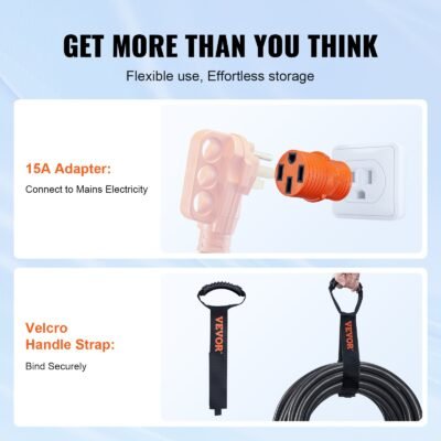 30 Feet RV Power Cord, 50 Amp, Heavy Duty STW 6/3 + 8/1 Generator Cord, NEMA 14-50P Male NEMA SS2-50R Female Plug, With LED Indicator Handle 15A Adapter, For RVs, Generators, Campers, ETL Listed