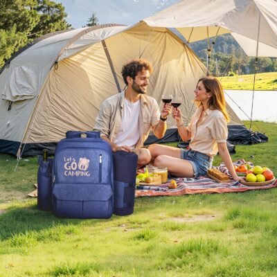 Beach Picnic Backpack Bag For 4 Person With Cooler Compartment Navy Blue
