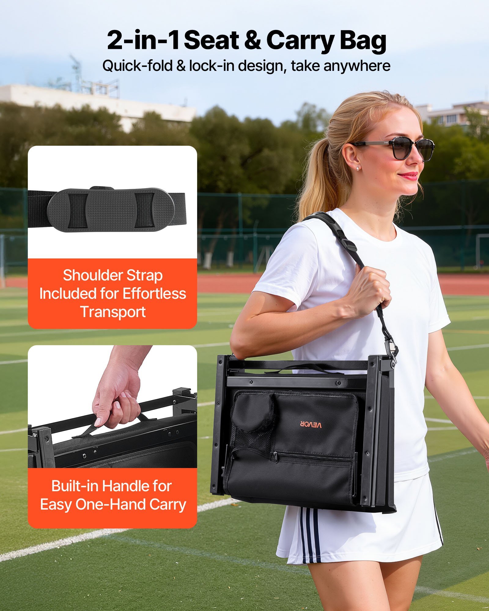 Stadium Seat, Folding Bleacher Chair With Back Support And Thick Cushion, Padded Stadium Seat For Bleacher Includes Shoulder Strap, Hooks, Cup Holder, And Side Pocket, Black Bleachers Chair - Image 4