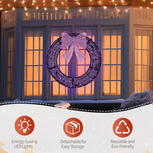 36in Pre-lit Outdoor Christmas Wreath Decoration, Lighted Metal Wreath With Purple Bow, Remote Control LED Lights With Timer, For Front Door Gate Wall Indoor Outdoor Holiday Party - Image 2