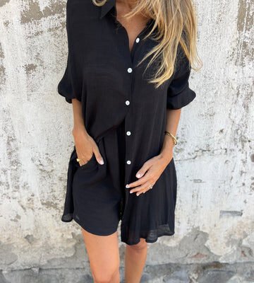 2pcs Loose Long-sleeved Shirt Suit With Lapel Button Tops And Elasticated Shorts Fashion Casual Clothing For Women