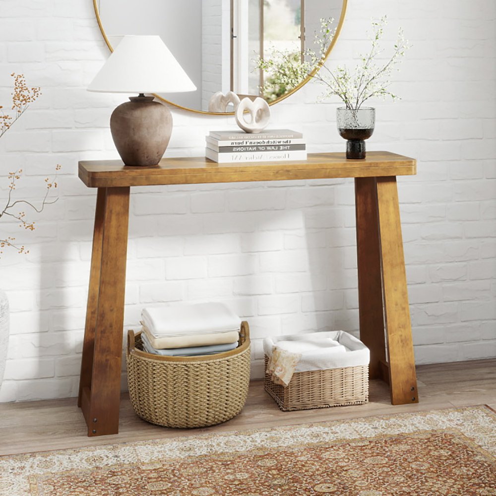 Solid Rubber Wood Console Table 43 Inch Narrow Entryway Table With Thick Table Top And Stable Base For Entryway, Hallway, Living Room And Bedroom - Image 5