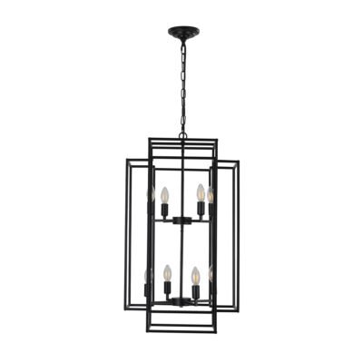 18in Modern 8-Light Black Geometric Pendant Chandelier, Industrial Metal Frame, Adjustable Hanging Light For Living Room, Dining Room, Kitchen,No Bulbs,
