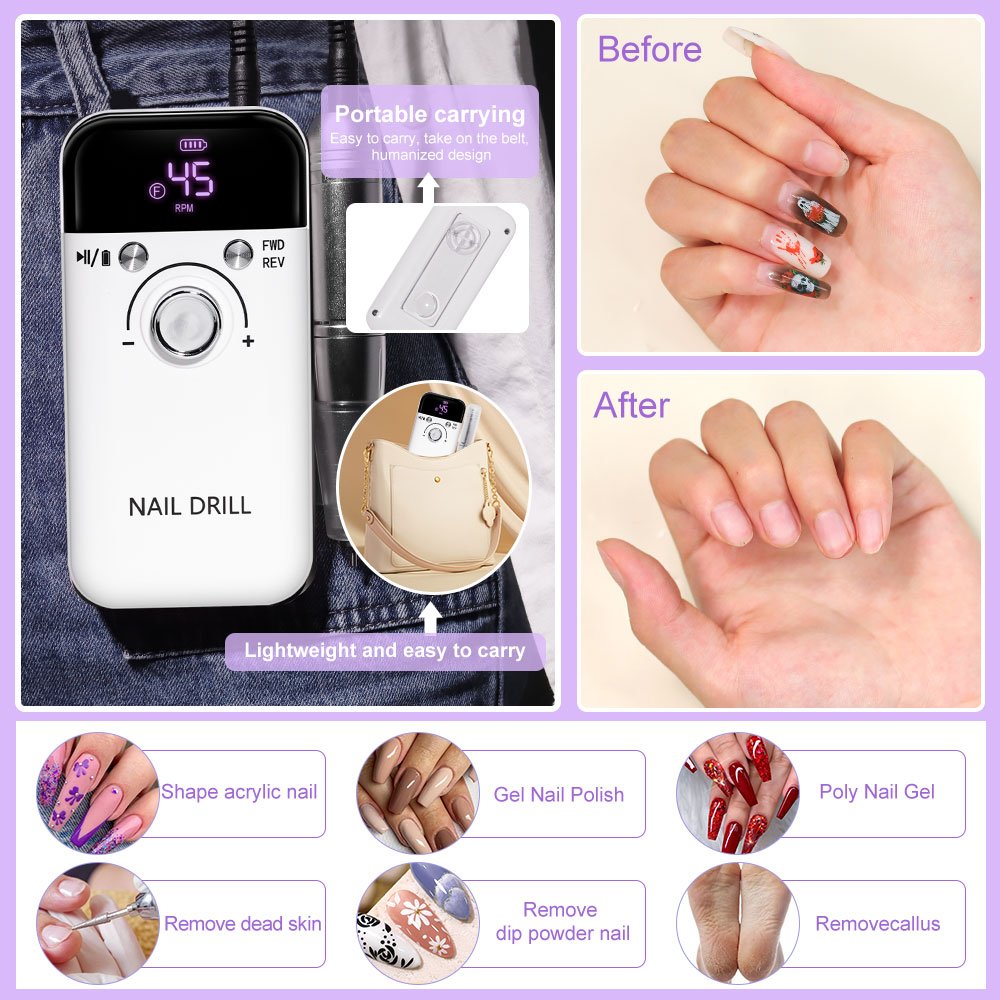 Electric Nail Drill Professional 45000RPM - Rechargeable Nail Drill Kit Portable Electric Nail File With Complete Bits For Acrylic Nails Gel Polishing Removing - Image 4