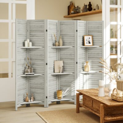 6 Panel 67" Tall Wood Privacy Screen Room Divider With 3 Shelves And Folding Storage For Bedroom, White