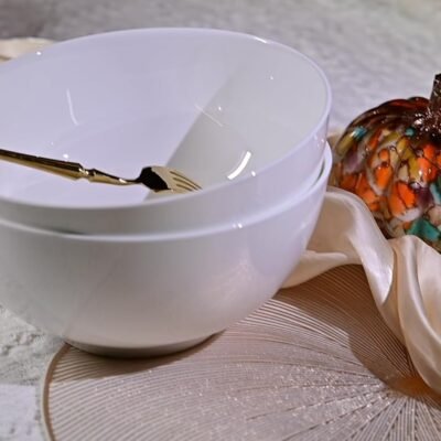 Lily Bone China Dinnerware Set, 2 Pieces, 8-inch White Large Deep Ceramic, Soup, Cereal, Oatmeal, Fruit, Rice Bowl, Plates, Dishes