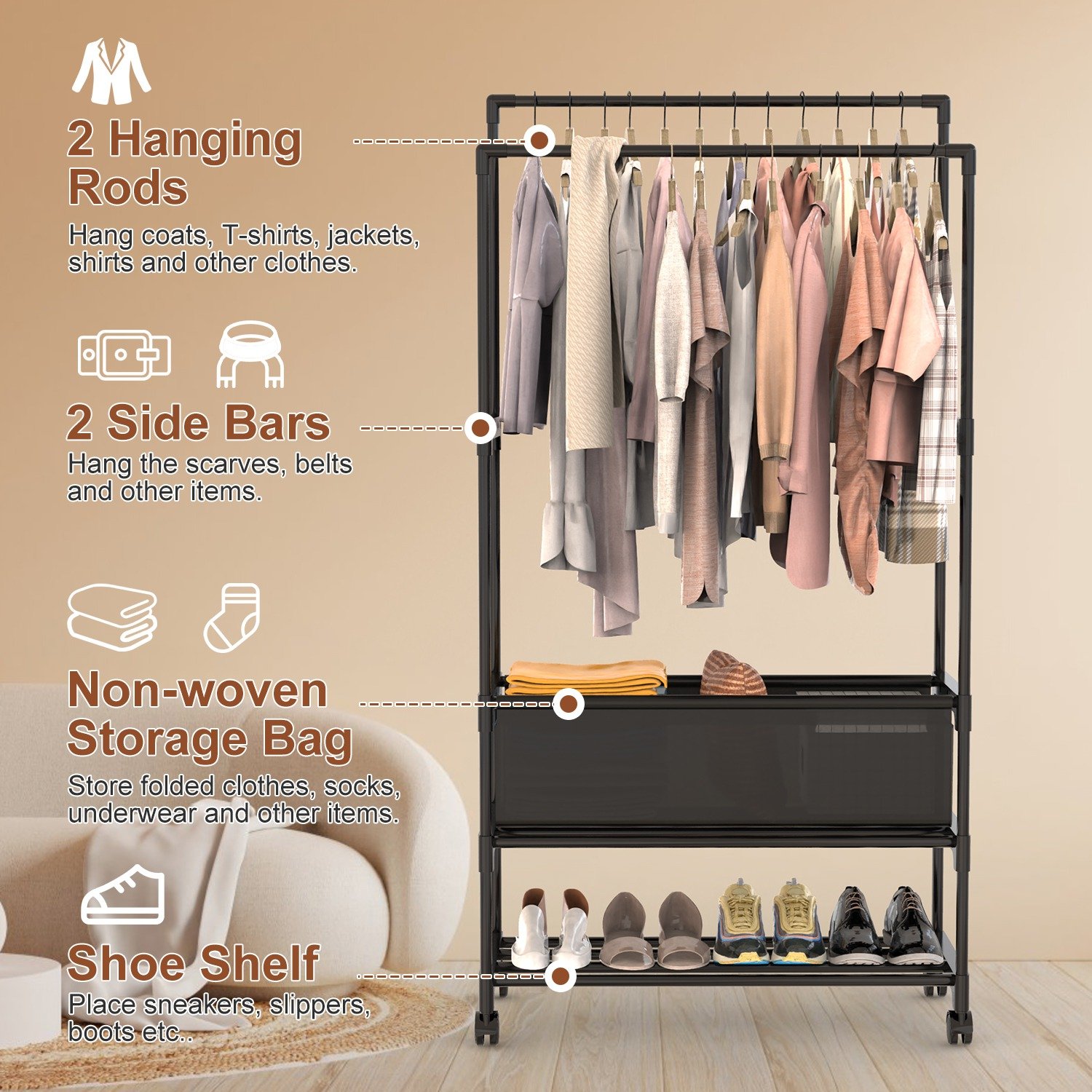 1Pc Double Rods Garment Rack With Storage Bag Portable Clothing Rack With Shelves Lockable Wheels Small Portable Closet Storage Bag Height Adjustable - Image 4