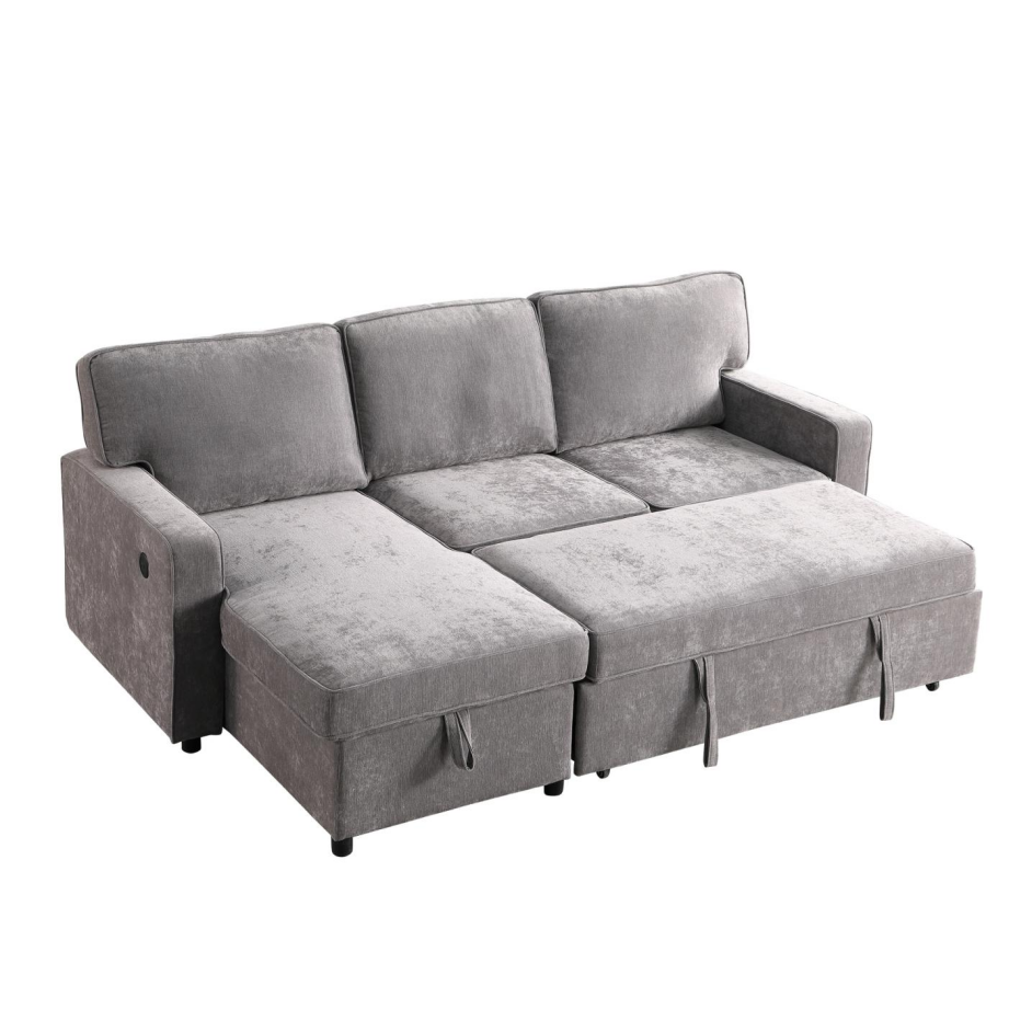 Upholstery Sleeper GREY Sectional Sofa With Storage Space, USB Port, 2 Cup Holders On Back Cushions - Image 5