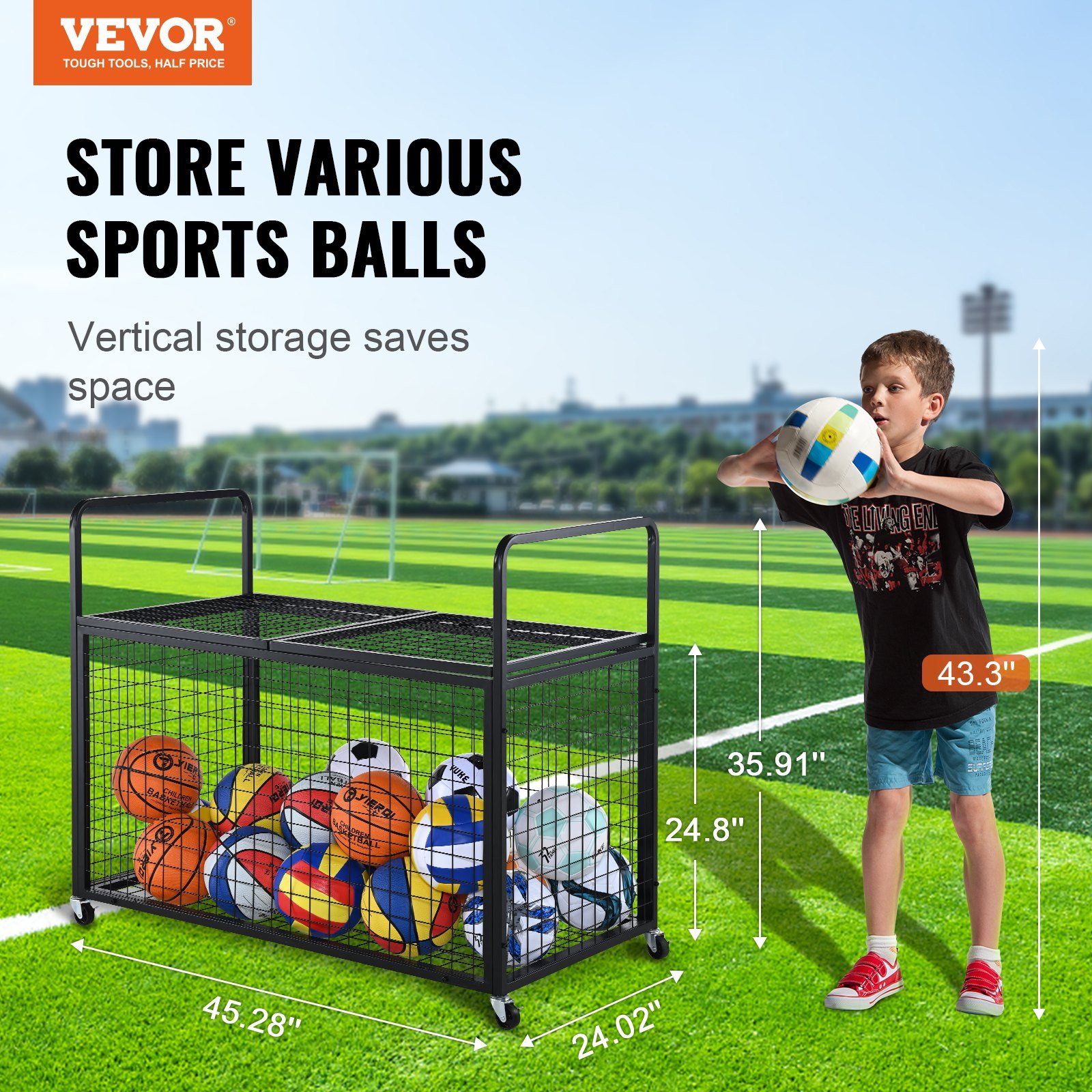 Rolling Sports Ball Storage Cart, Lockable Basketball Cage With Double Lids, Sport Equipment Holder Organizer For Indoor Outdoor, Steel Storage Rack For Garages, Playgroup, Gym And Schools