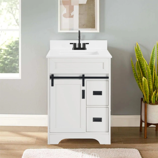 24 Bathroom Vanity With Single Sink Combo, Farmhouse Undermount Bathroom Sink Cabinet With Sliding Barn Doors And 2 Drawers, Freestanding Bathroom Vanities,White - Image 2