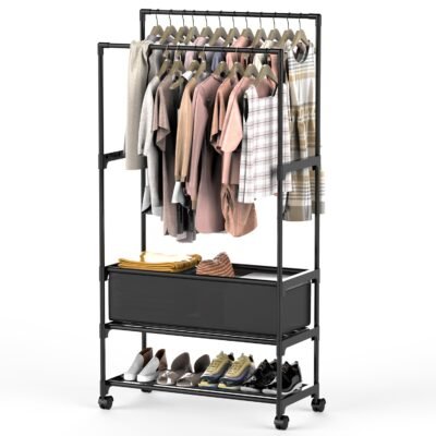 1Pc Double Rods Garment Rack With Storage Bag Portable Clothing Rack With Shelves Lockable Wheels Small Portable Closet Storage Bag Height Adjustable