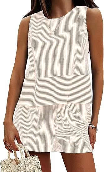 Vertical Striped Waist Round Neck Sleeveless Suit - Image 12
