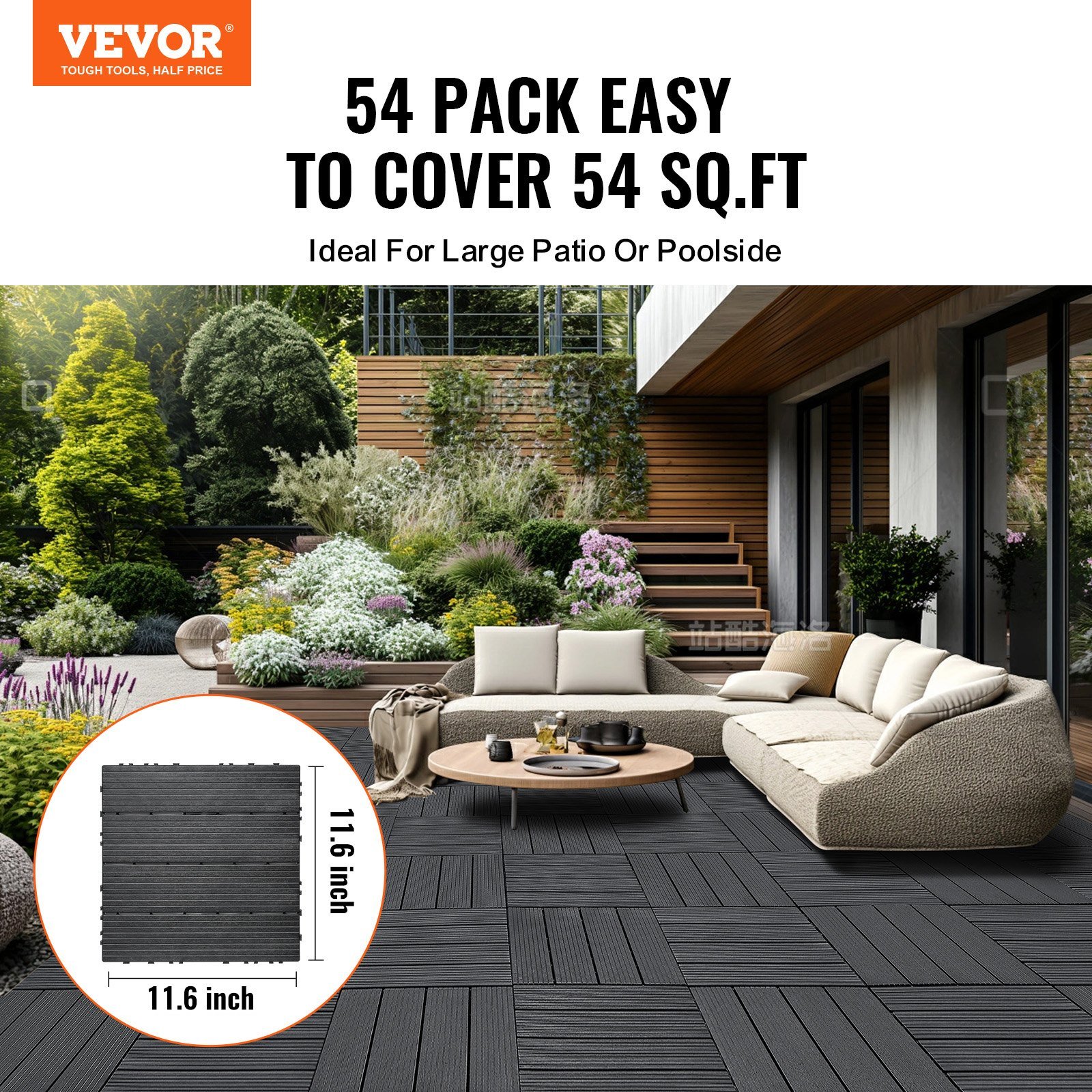 Interlocking Deck Tiles, 54 Pack,12"x12" 54 Sq. Ft Plastic Waterproof Outdoor Flooring All Weather Use, Patio Floor Decking Covering Tiles For Porch Poolside Balcony Backyard, Dark Grey - Image 2