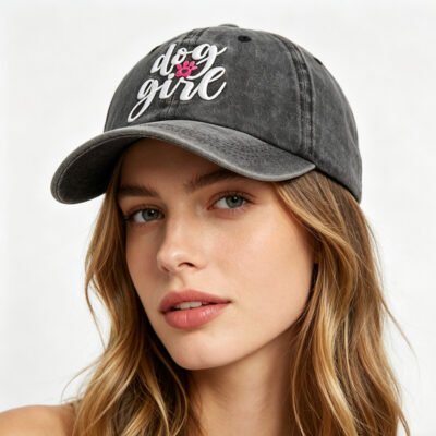 Dog Girl Embroidered Baseball Cap, Washed Cotton Vintage Hat For Dog Lovers