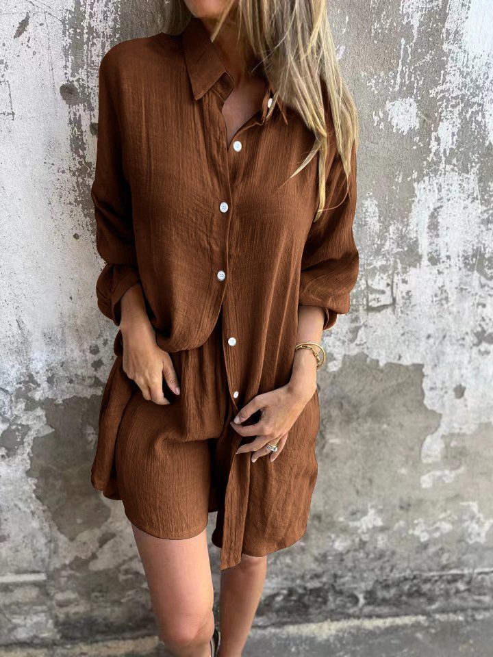 2pcs Loose Long-sleeved Shirt Suit With Lapel Button Tops And Elasticated Shorts Fashion Casual Clothing For Women - Image 5