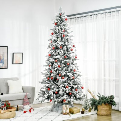 9 Foot Pine Snow Flocked Artificial Christmas Tree With 616 Realistic Cedar Branches, Auto Open, Home Holiday Decoration, Green
