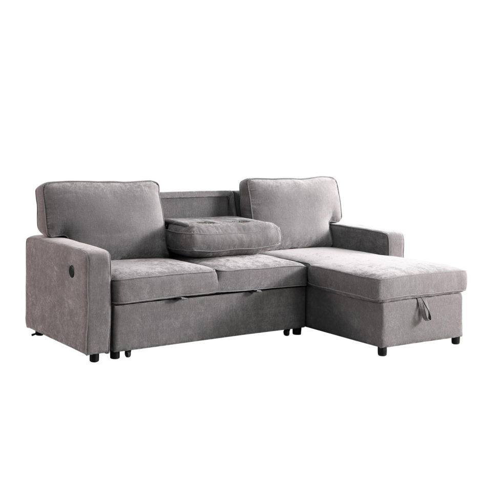 Upholstery Sleeper GREY Sectional Sofa With Storage Space, USB Port, 2 Cup Holders On Back Cushions - Image 14