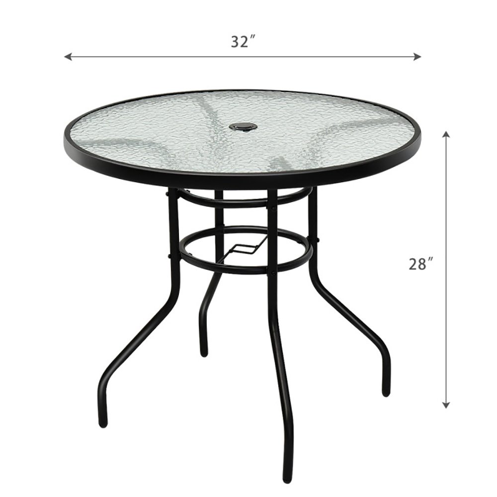 32 Inch Patio Tempered Glass Steel Frame Round Table With Convenient Umbrella Hole - Image 5