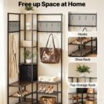 Corner Hall Tree With Shoe Bench, 70.9 In Coat Rack With Hooks And Steel Frame, Freestanding Clothes Shoes Rack Storage Organizer With Anti-Tip Set, For Entrance, Closet, Office, Rustic Brown