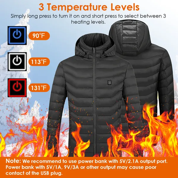 Heated Jacket Electric Heating Coat Lightweight Winter Hooded Jacket With 3-Level Heating Modes 8 Heating Zones Detachable Zipper Hood - Image 3