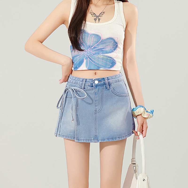 High-waisted Slimming Instagram-style Denim Skirt With Tie Details - Image 3