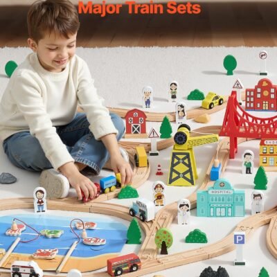 Wooden Train Set, 39PCS, Wood Train Track With Magnetic Trains And Railway Accessories, Compatible With Major Brands, Small Town, Christmas Birthday Toy For Kids Toddlers Ages 3-8 Boys And Girls