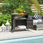 Wicker Outdoor Storage Cabinet With Two Doors And Shelf For Outdoor Pool Towel Storage, Mixed Gray