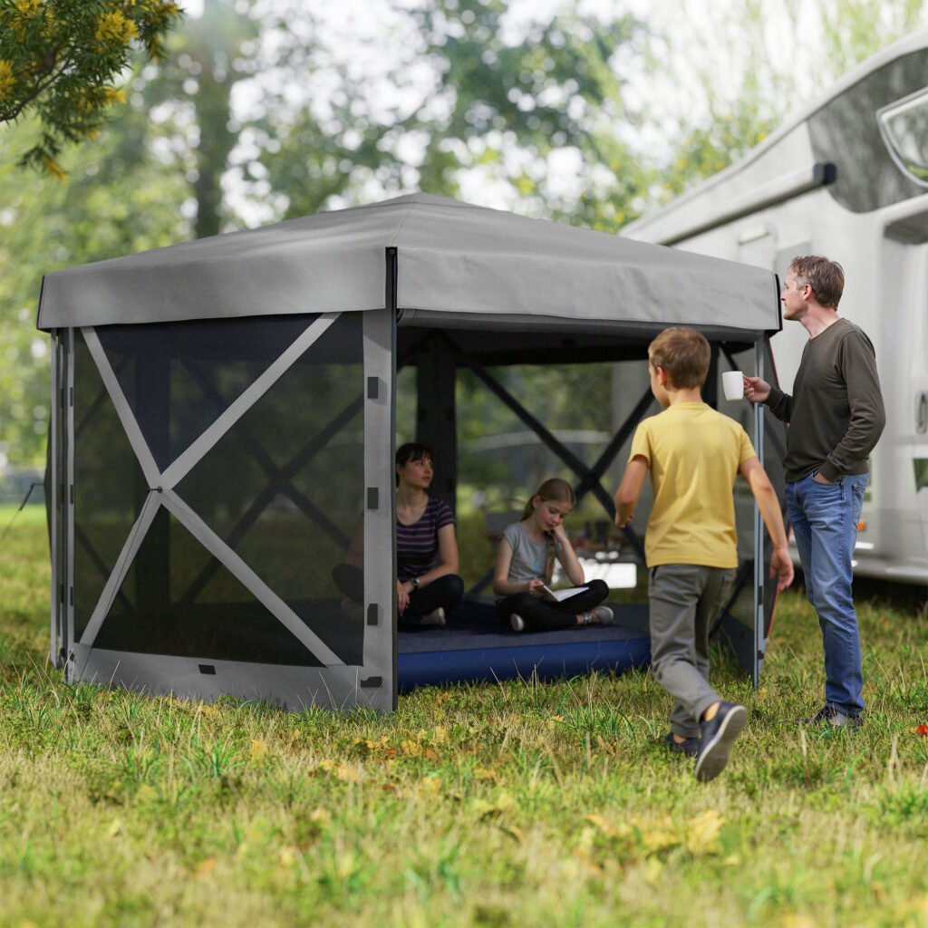 12' x 12' Hexagonal Pop Up Gazebo Canopy Tent with 5 Sidewalls, Outdoor Canopy Shelter with Carry Bag, Dark Gray —