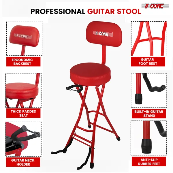5Core Guitar Stool 3.15" Padded Chair W Backrest Foldable Music Seat Built In Foot Rest Guitar Stand - Image 4